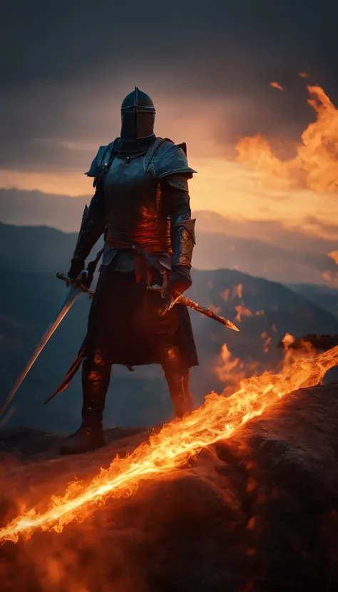 Long sword in fire, dark weapon, magic aura, terrifying weapon. laydown on the rock in fire background. 