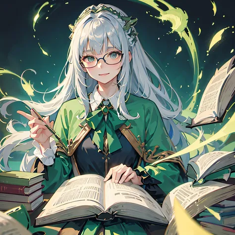 Silver Hair，Fantasy，Glasseature woman，neutral，green，green，Gradation，Long Hair，Wizard，night，smile，ribbon，Book