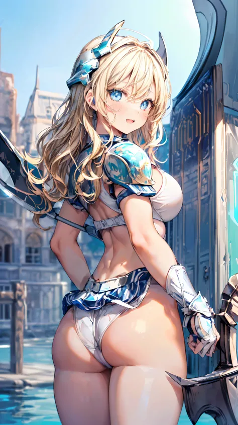 Very detailed、highest quality、(Best image quality:1.5)、(masterpiece:1.5)、8k、Anime Face、A kind smile、Open Mouth、(Beautiful bright blue eyes:1.5)、(Blonde wavy hair:1.5)、Muscles of the whole body、Thigh belt、(Wearing white bikini armor:1.5)、(Cowboy Shot:1.6)、(...