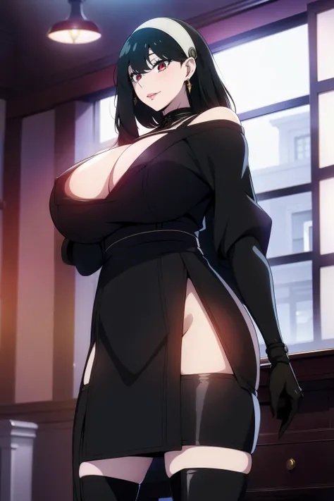 An anime-style artwork depicting yor from the anime spy x family

Tags: Yor Forger, dress, holding, black hair, black dress, high heels, thighhighs, red eyes, two-sided fabric, high heel boots, boots, hairband,  sidelocks,  looking at viewer,  bare shoulde...