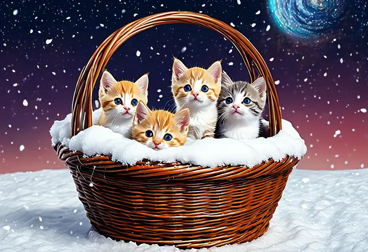 there are four kitten in a basket with snow on the ground, cute cats, cute digital art, cute kitten, cute colorful adorable, Adorable digital painting, cute artwork, Ju Lian, lovely and cute, Cute cat, kitten, cute detailed digital art, cute cat photo, cut...