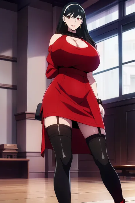 An anime-style artwork depicting yor from the anime spy x family

Tags: Yor Forger, dress, holding, black hair, red dress, high heels, thighhighs, red eyes, two-sided fabric, high heel boots, boots, hairband,  sidelocks,  looking at viewer,  bare shoulders...