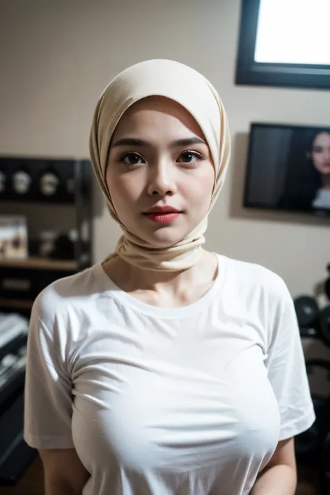 wearing a mini apron without any shirt and clothes just wearing a mini apron, ((Old Lady:1.5)), ((SHORT HIJAB)), ((Gigantic tits:1. 6)), (dynamic photograph of a 58 year old Indonesian woman), (slim top, cotton panties), (straight non curly hair), (highly ...