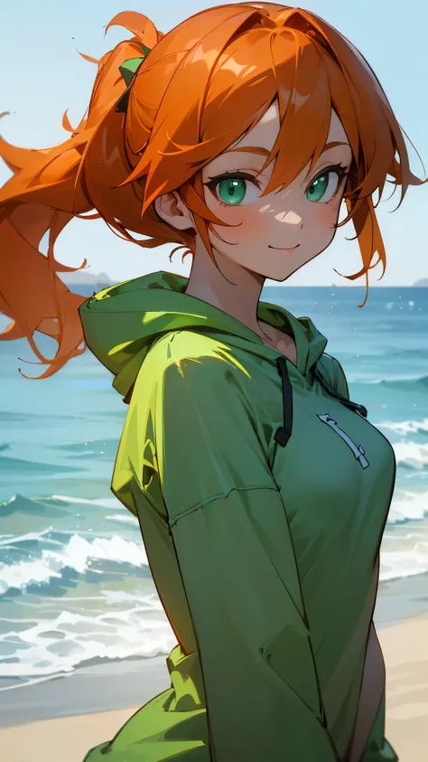 (highest quality, Dynamic Lighting, Very detailed, High resolution)、Orange Hair、Beautiful green eyes、Side Ponytail、smile、slim、Small to medium breasts、hoodie、From the side、Upper body close-up、Beach Background.