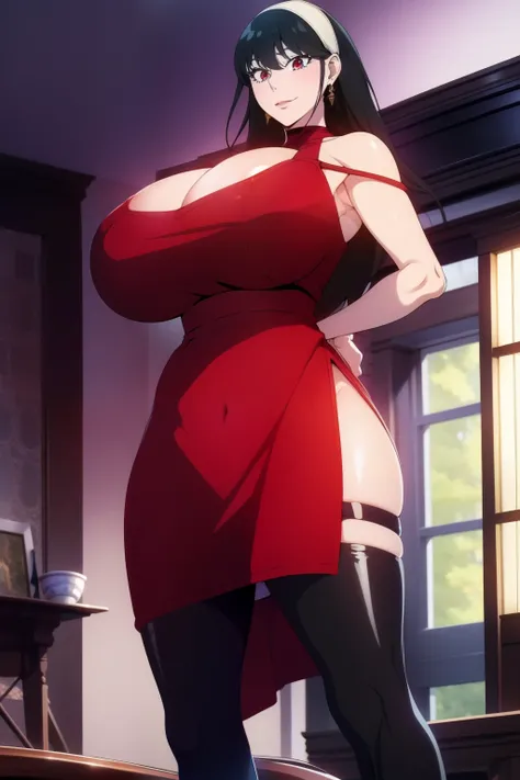 An anime-style artwork depicting yor from the anime spy x family

Tags: Yor Forger, dress, holding, black hair, black dress, high heels, thighhighs, red eyes, two-sided fabric, high heel boots, boots, hairband,  sidelocks,  looking at viewer,  bare shoulde...