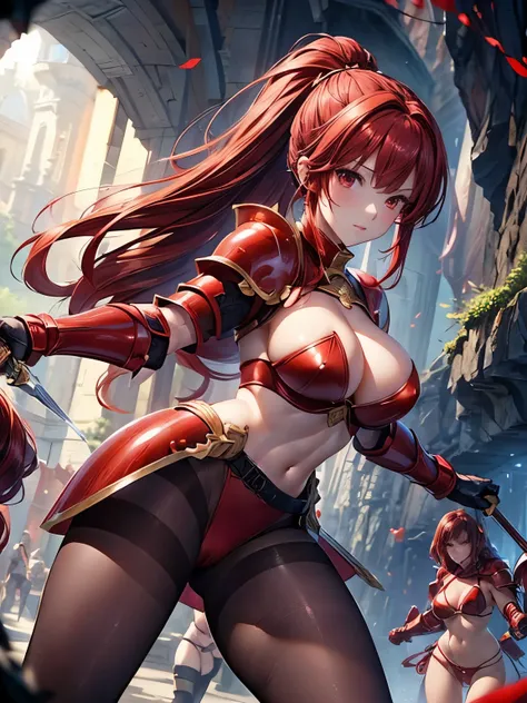 highest quality、Nice sexy body、One Woman、solo、(Beautiful busty woman:1.5)、Woman with ponytail、((Woman with dark red hair))、female knight、((Woman in a red bikini))、((woman with full armor:1.4))、((A woman wearing brown pantyhose))、Inside the cave、A woman run...