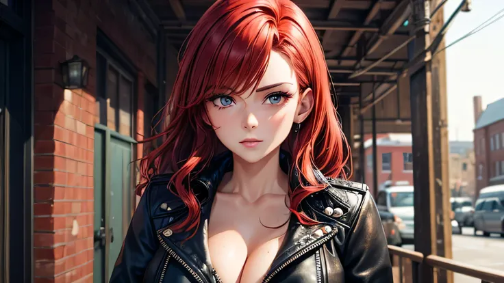 30th Generation　One woman　Leather jacket　Red Haired Beauty　A worn-out bar　Bourbon　Perfect and detailed facial expression　Perfect and detailed eye depiction　Perfect and detailed hair　Perfectly detailed upper body　Perfect and detailed breast depiction