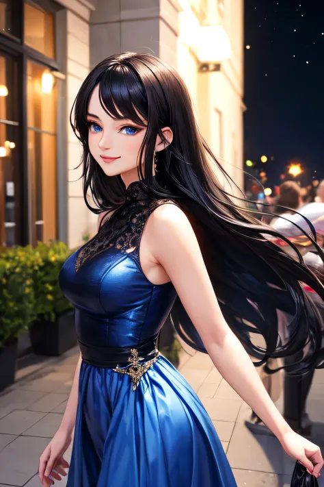 ((best quality)), ((masterpiece)), (detailed), perfect face, a gorgeous young woman with long black hair and blue eyes,smile, elegant, blue dress,wearing an elegant dress, standing alone, outside at night, soft features, standing, delicate face, idol, famo...