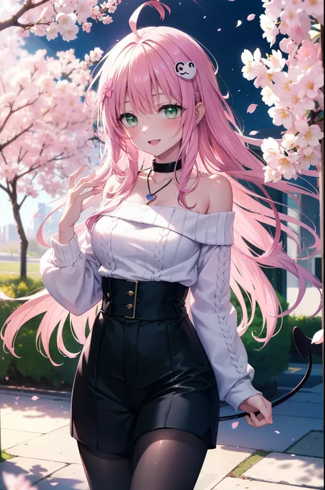 Lara Deviluke, Lara Deviluke, Long Hair, Pink Hair, tail, Ahoge, bangs, hair ornaments, (Green Eyes:1.5), happy smile, smile, Open your mouth,demon tail,Off-the-shoulder sweater,Exposing shoulders,bare clavicle,Bare neck,Heart Pendant,Shorts,Black Pantyhos...