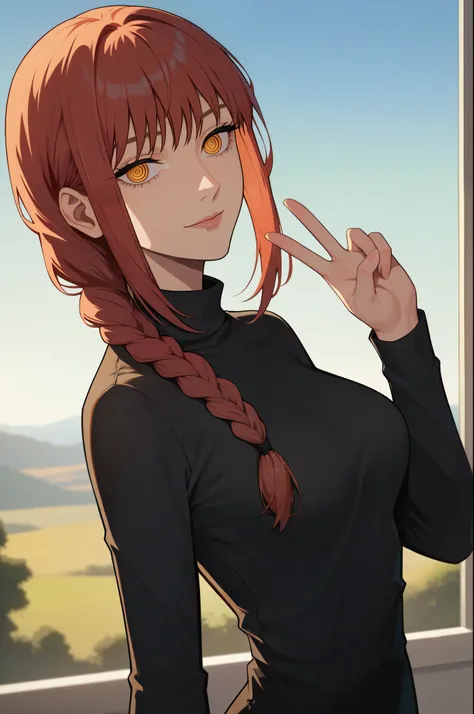 score_9, score_8_up, score_7_up, score_6_up, 1girl, Makima_(chainsaw man), mature female, slim_figure, turtleneck, black dress, full sleeves, looking at viewer, red hair, sidelocks, braided ponytail, ringed eyes, yellow eyes, outdoors, flowy hair, (v over ...