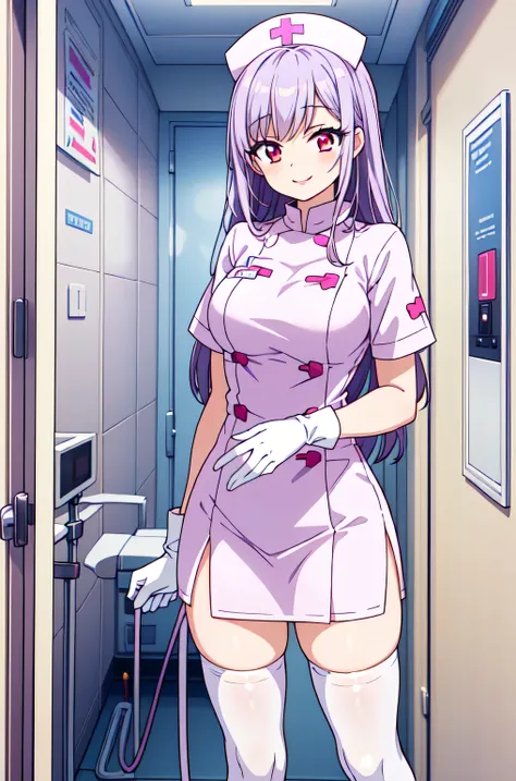 1woman, solo, nurse, white nurse cap, white nurse uniform, ((white legwear, zettai ryouiki)), white gloves, long hair, purple hair, red eyes, pink lips, smile, standing, ((hospital room)), sharp outline, short sleeves, mature female, 35 years old, best qua...