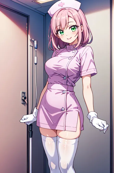 1woman, solo, nurse, white nurse cap, white nurse uniform, ((white legwear, zettai ryouiki)), white gloves, pink hair, green eyes, drooping eyes, pink lips, smile, standing, ((hospital room)), sharp outline, short sleeves, mature female, 32 years old, best...