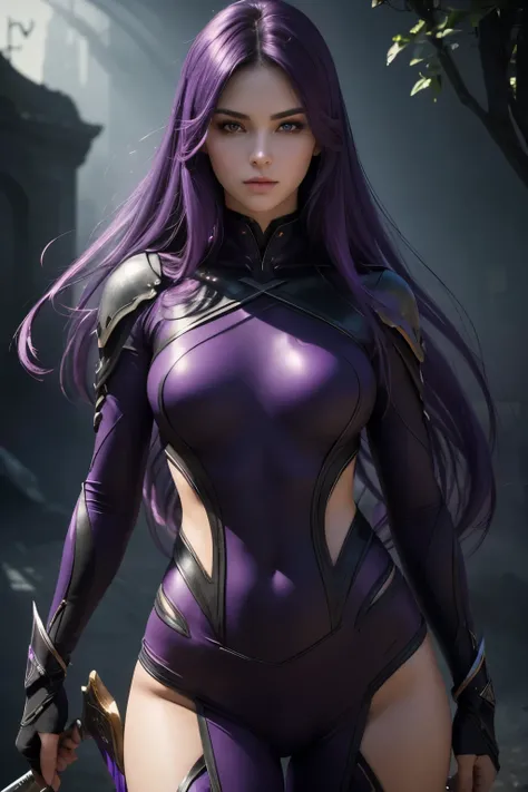 (best quality,4k,8k,highres,masterpiece:1.2),ultra-detailed,(realistic,photorealistic,photo-realistic:1.37),illustration,medium,detailed face,large eyes,purple hair flowing gracefully in the wind,elaborately designed ninja suit with purple accents,sharp an...