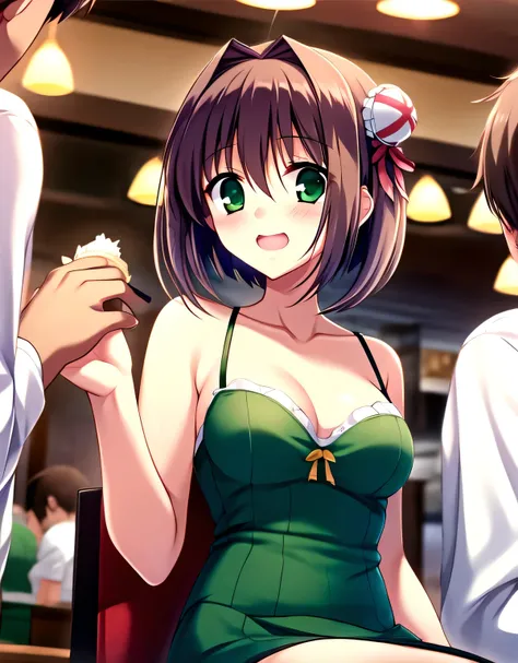 asakura_yume,brown hair,medium chest,aqua eye,white skin,(((((woman１people))))),(((((restaurant))))),((by meng_sitting in a chai...