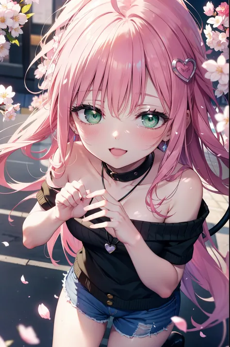 Lara Deviluke, Lara Deviluke, Long Hair, Pink Hair, tail, Ahoge, bangs, hair ornaments, (Green Eyes:1.5), happy smile, smile, Open your mouth,demon tail,Off-the-shoulder sweater,Exposing shoulders,bare clavicle,Bare neck,Heart Pendant,Shorts,Black Pantyhos...