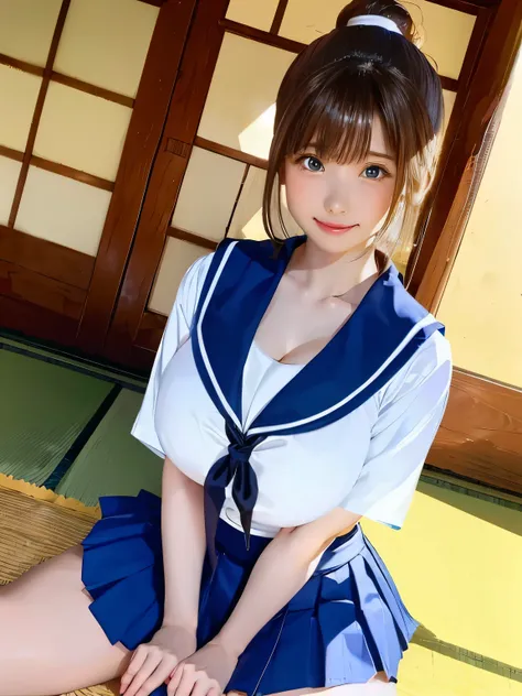 highest quality、8k、realistic、1 girl、23 years old、full body portrait、（curvy body shape、embarrassing、sandy beach）、（Japanese high school girl、physical education sitting、spread legs、Front facing）、（Dark brown hair ponytail:1.4、Japanese school sailor suit:1.3、na...