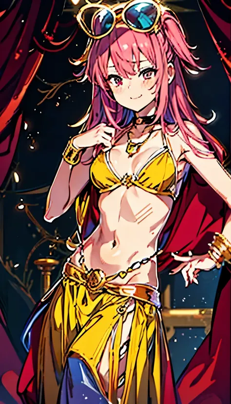 A smug narcissistic pink haired woman wearing a golden bra and golden pants and lots of jewelry flaunting herself