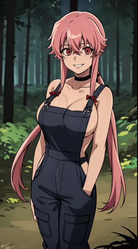 anime_still, masterpiece, best quality, 1girl, Gasai Yuno, long hair, pink hair, low twintails, smile, naked, red eyes, (large breasts:1.5),1girl, black choker, dark grey, (overalls:1.25), leather gloves, black boots, ((nigth:1.5)), (chasing you through th...