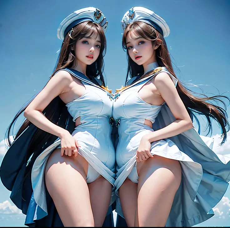 Highest quality, 8K quality, Masterpiece, Two busty women standing side by side, (Super big breasts compressed by clothes:1.2), Whitening skin, Sparkling Blue Eyes, Sailor collar mini dress, Above the knee, Skirtliftv1, (Protruding and accentuated booty), ...