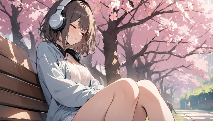 ((highest quality)), ((masterpiece)), (detailed), Perfect Face, Sitting under a cherry tree, listen to music, One Woman, Wearing headphones, close your eyes, wear underwear, Her underwear is visible, Sitting on a bench