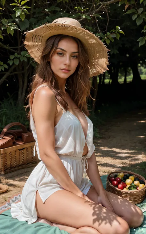 in this picturesque country scene, a 26-year-old model exudes confidence and elegance as she enjoys a picnic in the middle of a ...