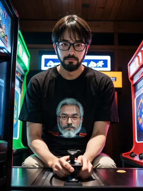 at a japanese game center、a middle-aged man wearing glasses and a beard、wearing a shirt with an anime character design printed o...