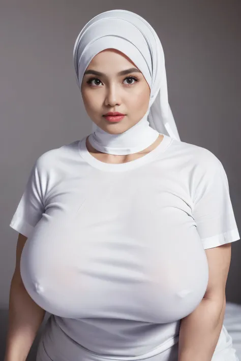 wearing a mini apron without any shirt and clothes just wearing a mini apron, ((SHORT HIJAB)), ((Gigantic tits:1.5)), (dynamic photograph of a 58 year old Indonesian woman), (slim top, cotton panties), (straight non curly hair), (highly detailed face:1.4),...