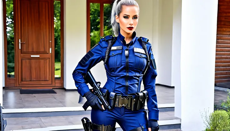 (Masutepiece), (best quality), (Fotorealistisch), Beautiful Woman with Silver Hair Ponytail, Tragen Sie eine Polizeiuniform, ((Wears a dark blue Swat suit)), Weitwinkel-Aufnahmen, Detailed beautiful faces, rote-lippen, Starkes Make-up, Glamorous body, Plum...