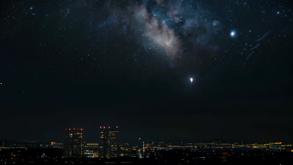 suburb，Unlit building，silence，night，There is the Milky Way，Nebula and Moon。