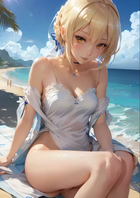 anime girl sitting On the beach with a towel on her lap, Artoria Pendragon, Attractive anime girl, On the beach, At the beach上,  Wear clothes, At the beach, On the beach, Smooth anime CG art, still, Charming anime girl, Clean and detailed anime art, Beauti...