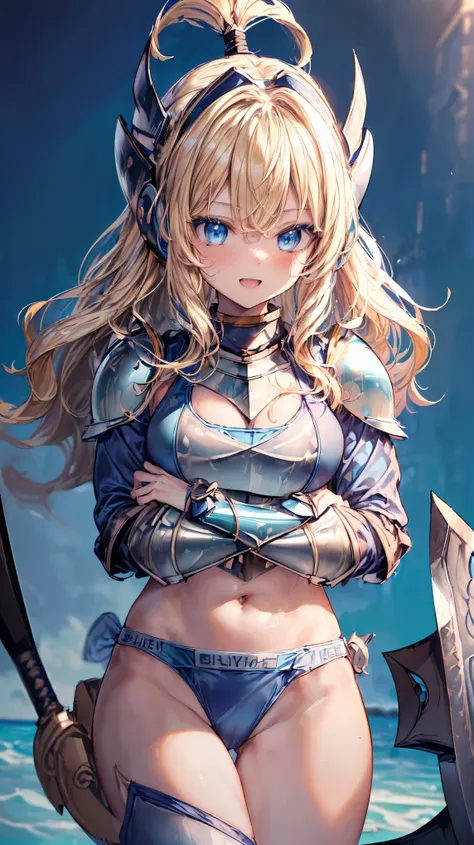 Very detailed、highest quality、(Best image quality:1.5)、(masterpiece:1.5)、8k、Anime Face、A kind smile、Open Mouth、(Beautiful bright blue eyes:1.5)、(Blonde wavy hair:1.5)、Muscles of the whole body、Thigh belt、(Wearing bikini armor:1.5)、(Cowboy Shot:1.6)、(Wearin...