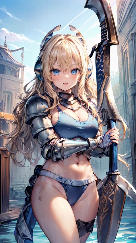 Very detailed、highest quality、(Best image quality:1.5)、(masterpiece:1.5)、8k、Anime Face、A kind smile、Open Mouth、(Beautiful bright blue eyes:1.5)、(Blonde wavy hair:1.5)、Muscles of the whole body、Thigh belt、(Wearing bikini armor:1.5)、(Cowboy Shot:1.6)、(Wearin...