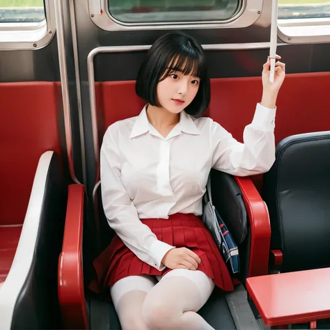 highest quality、masterpiece、high school girl、Black Pantyhose、She is sitting on a train seat with her legs spread wide、((Front view from below))、Plump big breasted edium bob hair、White shirt、Pleated skirt、Staring at the audience、Red face、White panties、Wet c...