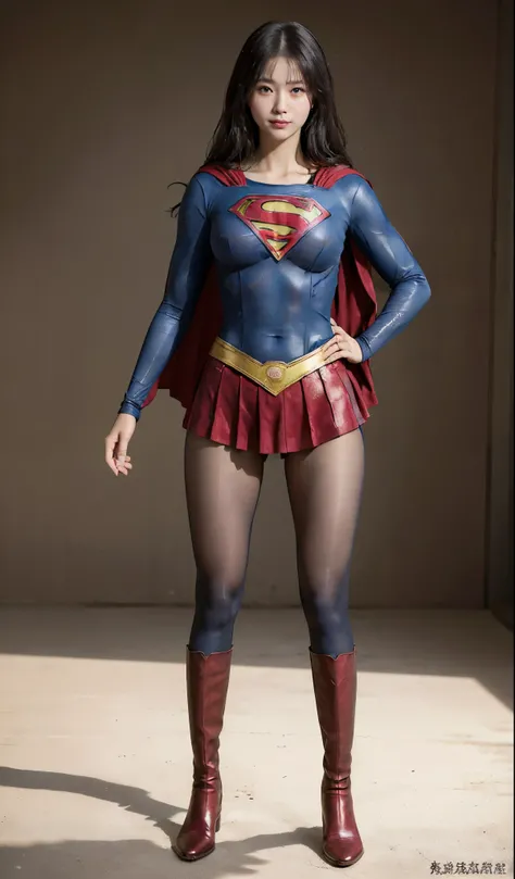 No background、(((Beautiful legs in black tights.)))、(((Legally express the beauty of your smile)))、((((Make the most of your original images)))、(((Supergirl Costume)))、(((Beautiful Hair)))、(((suffering)))、(((Please wear black tights....、Wear red boots)))、(...