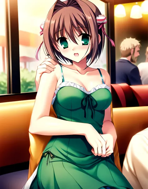 asakura_yume,brown hair,medium chest,aqua eye,white skin,(((((woman１people))))),(((((restaurant))))),((by meng_sitting in a chai...