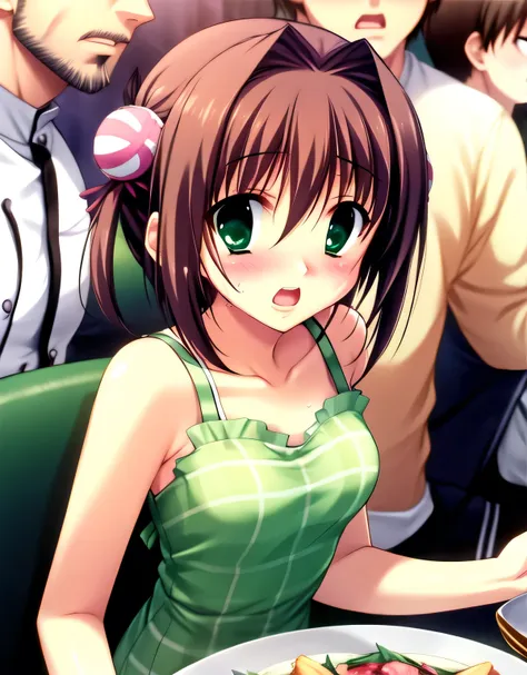 asakura_yume,brown hair,medium chest,aqua eye,white skin,(((((woman１people))))),(((((restaurant))))),((by meng_sitting in a chai...