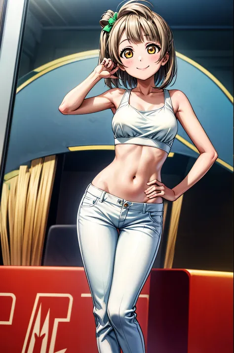Masterpiece, best quality, minami kotori, solo, breasts, looking_at_viewer, smile,short_hair, navel, loose white top, medium_breasts, closed_mouth,loose white pants that barley hold her hip, stomach, hand_on_hip, straight_hair, (contrapposto:1.2)