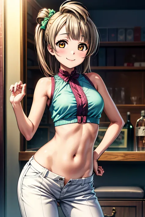 Masterpiece, best quality, minami kotori, solo, breasts, looking_at_viewer, smile,short_hair, navel, loose white top, medium_breasts, closed_mouth,loose white pants that barley hold her hip, stomach, straight_hair, (contrapposto:1.2)