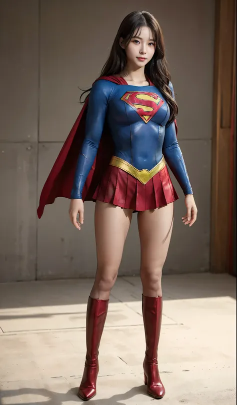 No background、(((Beautiful legs in black tights.)))、(((Legally express the beauty of your smile)))、((((Make the most of your original images)))、(((Supergirl Costume)))、(((Beautiful Hair)))、(((suffering)))、(((Please wear black tights....、Wear red boots)))、(...