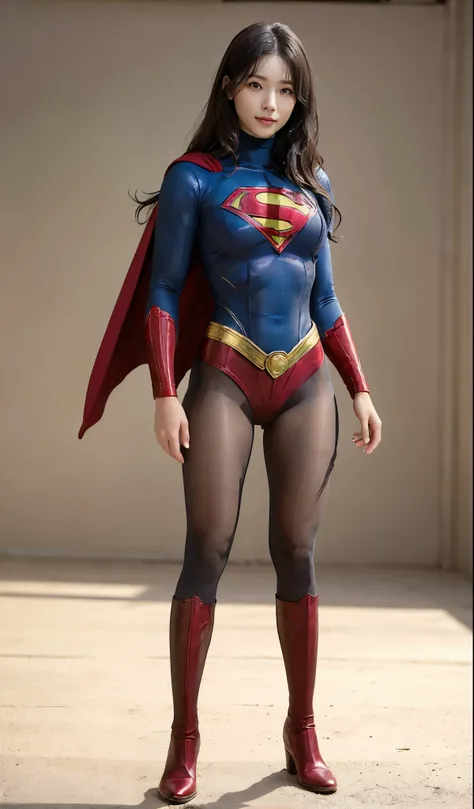 No background、(((Beautiful legs in black tights.)))、(((Legally express the beauty of your smile)))、((((Make the most of your original images)))、(((Supergirl Costume)))、(((Beautiful Hair)))、(((suffering)))、(((Please wear black tights....、Wear red boots)))、(...