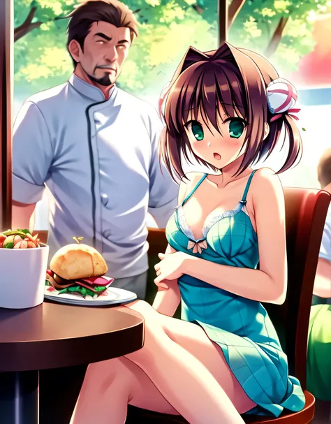 asakura_yume,brown hair,medium chest,aqua eye,white skin,(((((woman１people))))),(((((restaurant))))),((by meng_sitting in a chai...