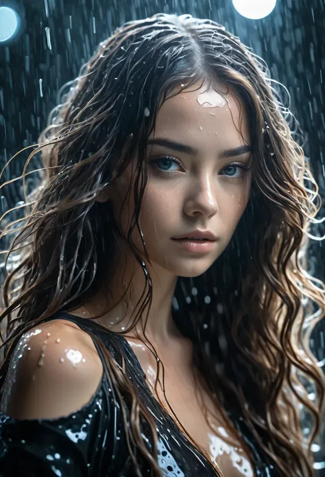 a beautiful young woman in black with long hair, in the style of textural layers, reefwave, light brown and light black, wet-on-...