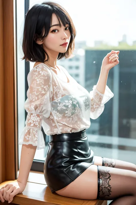 (High Definition), One Female, Japan Person, Cute, Black Hair Short, wearing Floral Print Round Neck Short Bubble Sleeve Blouse & Fake leather miniskirt, Exposing lace hipster briefs WHITE see-through for Female, from side pose View, nsfw, Straddling a cha...