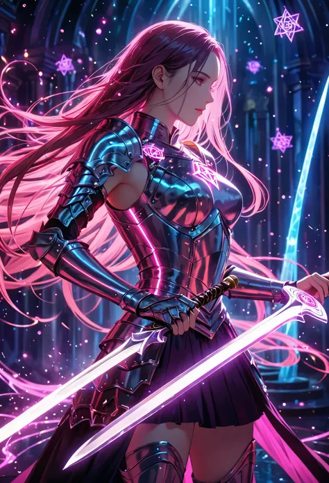 (best quality, masterpiece:1.2), ultra-detailed, a huge glowing sword, ancient glowing symbols on the blade, a girl wearing armor, Cuvry Pose,Dynamic Action，long flowing hair, silver armor,  electric arc hexagram magic circle background, magical effects, d...