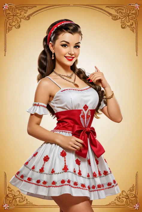 smilling girl in pin-up style holding big gift box, model Ukraniane, dress with deep necklace on traditional Ukranian colors and embroidery, braid hair with bandana --stylize 750