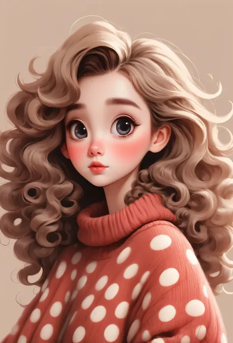 (masterpiece, best quality:1.2), 1 girl，unique，cute girl with big eyes, wearing an oversized polka dot sweater, hair styled into...