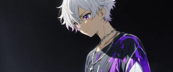 [(BLACK BACKGROUND:1.5)], ((((masterpiece)))), high quality, very_high_resolution, large_filesize, full color, solo, (((younger boy))), ((beautiful white short hair)), (purple color eyes), civilian clothes white, Necklace of crosses, (White effect:1), anim...