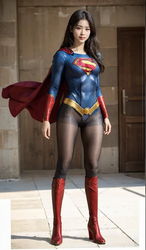 No background、(((Beautiful legs in black tights.)))、(((Legally express the beauty of your smile)))、((((Make the most of your original images)))、(((Supergirl Costume)))、(((Beautiful Hair)))、(((suffering)))、(((Please wear black tights....、Wear red boots)))、(...