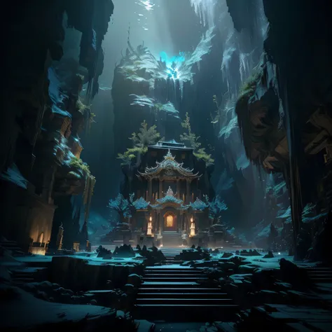 There is a large building in the middle of the underwater cave., Unreal Engine 5 Digital Art, Unreal Engine rendered concept art, Unreal Engine 5 Rendering Dramatic Effects, Unreal Engine 5 Rendering Details, The art of Unreal Engine 5, mysterious temple s...