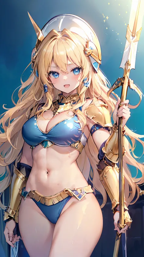 Very detailed、highest quality、(Best image quality:1.5)、(masterpiece:1.5)、8k、Anime Face、A kind smile、Open Mouth、(Beautiful bright blue eyes:1.5)、(Blonde wavy hair:1.5)、Muscles of the whole body、Thigh belt、(Wearing gold bikini armor:1.5)、(Cowboy Shot:1.6)、(W...